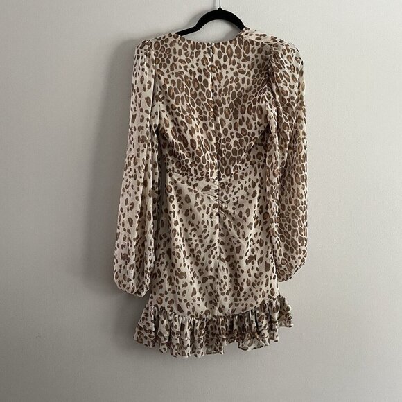 Express Wmn XS Brown/Ivory/Gold Cheetah Print V-Neck Sheer Sleeve Ruffle Dress - Picture 9 of 10